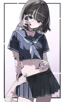 1girl absurdres black_eyes black_hair black_sailor_collar black_serafuku black_shirt black_skirt blue_eyes closed_mouth clothes_pull commentary cowboy_shot crop_top cross-shaped_pupils disembodied_hand doll_joints head_tilt heterochromia highres joints kkato looking_at_viewer medium_hair midriff miniskirt mismatched_pupils mole mole_under_eye monocle multicolored_hair navel neckerchief original pleated_skirt sailor_collar school_uniform serafuku shirt short_sleeves skirt skirt_pull smile solo stomach streaked_hair symbol-shaped_pupils white_neckerchief