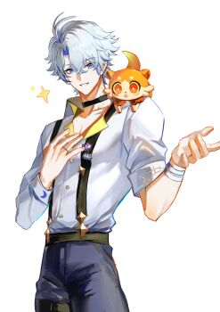 1boy absurdres black_pants chimera_(honkai:_star_rail) chinese_commentary collared_shirt commentary_request highres honkai:_star_rail honkai_(series) male_focus mydei_(fig_stew)_(honkai:_star_rail) mydei_(honkai:_star_rail) neck_tattoo pants phainon_(honkai:_star_rail) qiaose33912 shirt simple_background solo sun_symbol sun_tattoo suspenders tan tattoo white_background white_shirt