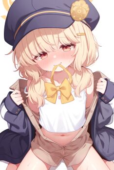 1girl :3 aoba_(blue_archive) bare_legs bare_shoulders blonde_hair blue_archive blue_hat blue_jacket blush bow bow_camisole bowtie bowtie_in_mouth brown_shirt camisole closed_mouth clothes_in_mouth collarbone commentary_request dot_nose feet_out_of_frame flat_chest hair_between_eyes hair_ornament hairclip halo hands_up hat highres jacket kohaku_rinne loli long_sleeves looking_at_viewer low_twintails mouth_hold navel newsboy_cap no_panties on_ground open_clothes open_jacket open_shirt paid_reward_available peaked_cap red_eyes shirt simple_background sitting sleeve_cuffs sleeves_past_wrists solo strap_slip sweat sweatdrop teeth thighs twintails undressing unworn_bowtie wariza white_background white_camisole yellow_bow yellow_bowtie yellow_halo