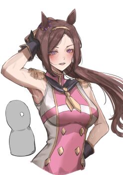 Rule 34 | 1girl, 1other, absurdres, animal ears, armpits, asymmetrical gloves, black gloves, blush, breasts, brown hair, commentary, cropped torso, drooling, epaulettes, gloves, gold hairband, hairband, highres, horse ears, horse girl, large breasts, long hair, looking at viewer, mismatched gloves, mouth drool, neckerchief, open mouth, ponytail, purple eyes, sakura bakushin o (blossom in learning) (umamusume), sakura bakushin o (umamusume), shorts, sif221, simple background, single epaulette, sleeveless, smile, sweat, thighhighs, umamusume, yellow neckerchief