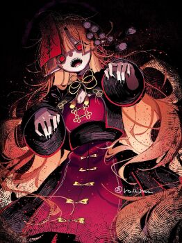 1girl alternate_costume black_jacket black_nails blonde_hair breasts chinese_clothes cleavage cleavage_cutout clothing_cutout dalachi_(headdress) dress expressionless highres jacket junko_(touhou) long_hair long_sleeves looking_at_viewer nail_polish ofuda ofuda_on_head open_clothes open_jacket open_mouth outstretched_arms red_dress red_eyes roamu_65 sharp_teeth solo teeth touhou twitter_username zombie_pose