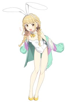 1girl animal_ear_hairband animal_ears bare_legs bare_shoulders blonde_hair bow bowtie braid breasts cleavage covered_navel detached_collar fake_animal_ears fake_tail fang french_braided_twintails fujita_kotone gakuen_idolmaster hair_ribbon hairband highleg highres idolmaster jacket leotard long_hair low_twin_braids multicolored_jacket off_shoulder open_clothes open_jacket open_mouth playboy_bunny rabbit_ear_hairband rabbit_ears rabbit_tail ribbon saiste simple_background sleeves_past_fingers sleeves_past_wrists small_breasts solo strapless strapless_leotard tail twin_braids white_background yellow_eyes