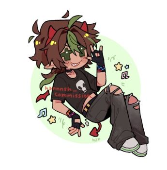 Rule 34 | 1boy, \m/, ahoge, animage, artist name, belt, black belt, black gloves, black shirt, brown hair, commentary, commission, deformed, demon tail, emo fashion, english commentary, fake horns, fake tail, fingerless gloves, gloves, green eyes, green hair, grey pants, grin, hairband, hannnsh, horns, looking at viewer, low ponytail, male focus, medium hair, midriff peek, minecraft youtube, multicolored hair, musical note, official alternate costume, pants, past life smp, pointy ears, ponytail, print shirt, reclining, red hairband, sharp teeth, shirt, shoes, short sleeves, skull print, smallishbeans, smile, sneakers, solo, streaked hair, t-shirt, tail, teeth, torn clothes, torn pants, traffic life series, watermark, white shoes, wristband