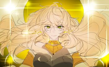 Rule 34 | 1girl, absurdres, bangle, black dress, blonde hair, bracelet, bright pupils, collar, commentary request, dress, earrings, glint, glowing, green eyes, hayu beck, highres, jewelry, korean commentary, long hair, long sidelocks, looking at viewer, omniscient reader's viewpoint, sidelocks, sleeveless, sleeveless dress, smile, solo, upper body, uriel (omniscient reader's viewpoint), very long hair, white pupils