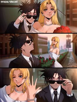 1boy 1girl adjusting_eyewear artist_name black_hair black_necktie blue_eyes blurry blurry_background bouquet breasts chinese_wedding_photoshoot choso_(jujutsu_kaisen) city cleavage commentary dress earrings english_commentary eyelashes flower formal_clothes hand_up highres holding holding_bouquet jewelry jujutsu_kaisen long_sleeves looking_up necklace necktie off-shoulder_dress off_shoulder opalis outdoors patreon_username pearl_armlet pearl_earrings pearl_necklace photo-referenced ring road shirt short_hair smile sunglasses tsukumo_yuki_(jujutsu_kaisen) urban wedding wedding_ring white_dress white_shirt wing_collar