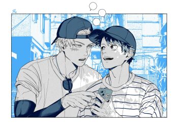 2boys 9_a_zq alternate_costume backwards_hat bakugou_katsuki baseball_cap boku_no_hero_academia cellphone commentary_request compression_sleeve crew_neck eye_contact facial_scar freckles hat highres holding holding_phone looking_at_another male_focus midoriya_izuku multiple_boys open_mouth phone scar scar_across_eye scar_on_cheek scar_on_face scar_on_hand shirt short_hair sleeves_rolled_up smile speech_bubble spot_color striped_clothes striped_shirt sunglasses teeth unworn_eyewear upper_body