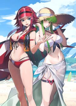2girls armband beach bikini blue_eyes bracelet breasts c.c. code_geass code_geass:_genesic_re;code green_hair hat highres jacket jewelry king_kozuki kouzuki_kallen long_hair medium_breasts medium_hair multiple_girls navel necklace ocean open_mouth red_bikini red_hair red_nails sky smile spiked_hair straw_hat surfboard swimsuit thigh_strap white_bikini yellow_eyes