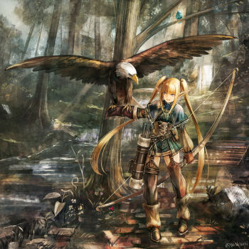 1girl animal_on_arm arrow_(projectile) asymmetrical_gloves bald_eagle bird bird_on_arm black_ribbon blonde_hair blue_eyes blue_ribbon boots bow_(weapon) capelet commentary_request corset eagle elf falconry falconry_glove forest garter_straps gloves grass green_capelet green_shirt green_shorts hair_ribbon highres holding holding_bow_(weapon) holding_weapon long_hair long_pointy_ears long_sleeves looking_at_animal multiple_hair_ribbons nature neck_ribbon open_mouth original outstretched_arm pointy_ears puffy_sleeves quiver ribbon river shirt shorts sidelocks smile standing sushi_(sashimise) thighhighs tree twintails very_long_hair water waterfall weapon