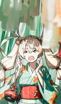 &gt;_&lt; 1girl animal_print aqua_kimono blonde_hair bradamante_(fate) bradamante_(over_the_same_sky)_(fate) braid breasts closed_eyes commentary_request crown_braid fate/grand_order fate_(series) fish_print game_cg hands_up japanese_clothes kimono long_hair long_sleeves medium_breasts obi official_art open_mouth photo_background print_kimono red_sash saitou_masatsugu sash solo third-party_source twintails upper_body wide_sleeves