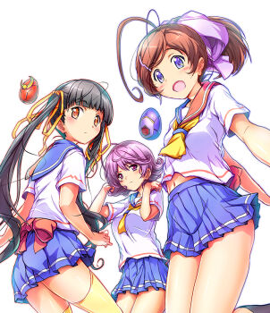 3girls ahoge antenna_hair aoki_ryuusei_spt_layzner black_hair blue_eyes blue_skirt bow bowtie brown_hair clip_studio_paint_(medium) comicstudio egg jumping kaede_kazuki kashi kuohin_shiori layzner looking_back looking_down miniskirt multiple_girls muteki_choujin_zambot_3 nanachi_maachi navel official_art orange_eyes photoshop_(medium) purple_eyes purple_hair school_uniform serafuku skirt sun_musume:_girl&#039;s_battle_bootlog sunrise_(company) thighhighs twintails white_background zambot_3 zettai_ryouiki