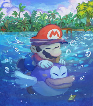 1boy 1girl absurdres blue_sky bubble bush closed_eyes day facial_hair fish gem glint gloves hat highres leaf mario mario_(series) mustache newsboy_cap nintendo outdoors paper_mario paper_mario_(character) paper_mario_64 red_hat sky sparkle sushie tree underwater water white_gloves yamari_(ya_mari_6363)