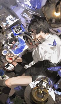 2girls absurdres animal_ear_fluff animal_ears bare_legs black_hair black_nails black_skirt blue_butterfly blurry blurry_foreground blush bug butterfly calligraphy_brush cat_ears cat_girl closed_mouth commission crescent_moon flower from_above glint green_eyes hair_between_eyes highres holding holding_butterfly holding_calligraphy_brush holding_paintbrush indoors insect leaning_on_person long_sleeves looking_at_another mau_sakura moon multiple_girls nail_polish original paint paint_can paintbrush painting_(object) paper parted_lips picture_frame plate profile purple_eyes red_flower red_rose rose shirt short_hair shorts sitting skeb_commission skirt smile sparkle surreal table tail vase white_shirt zoological_specimen