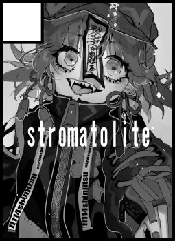 1girl border circle_cut coat commentary_request cowboy_shot fingernails greyscale hat hat_ornament highres jiangshi long_sleeves miyako_yoshika monochrome newsboy_cap ofuda open_mouth sharp_teeth shinjitsu_no_kuchi short_hair smile solo star_(symbol) star_hat_ornament teeth tongue tongue_out touhou zipper