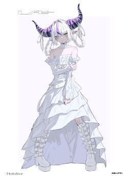 Rule 34 | 1girl, absurdres, black nails, boots, braid, braided hair rings, collar, collarbone, commentary, demon girl, demon horns, detached collar, detached sleeves, dress, frilled collar, frilled dress, frilled sleeves, frills, gam 1124, grey hair, hair rings, highres, hololive, horns, la+ darknesss, long hair, looking at viewer, multicolored hair, nail polish, pointy ears, purple hair, simple background, solo, streaked hair, striped horns, virtual youtuber, white background, white boots, white collar, white dress, yellow eyes