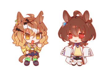 2girls :d agnes_tachyon_(tach-nology)_(umamusume) agnes_tachyon_(umamusume) ahoge animal_ear_piercing animal_ears black_necktie black_pantyhose black_shirt black_shoes black_skirt brown_hair chibi chibi_only coat collared_shirt crossed_bangs doggwa double-parted_bangs full_body green_socks hair_between_eyes hair_ornament hairpin horse_ears horse_girl horse_tail jacket jungle_pocket_(champion's_battle_cry)_(umamusume) jungle_pocket_(umamusume) lab_coat long_sleeves looking_at_another medium_hair midriff multicolored_hair multiple_girls necktie open_clothes open_jacket open_mouth pantyhose pleated_skirt red_eyes shirt shoes short_necktie sidelocks simple_background skirt sleeves_past_wrists smile socks streaked_hair sweater tail umamusume white_background white_coat white_shoes yellow_eyes yellow_jacket yellow_sweater