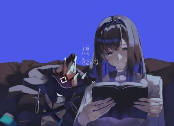 1girl 80illu absurdres arknights bad_anatomy black_hairband black_jacket blue_background book brown_hair commentary_request dress hairband highres jacket long_fingers long_sleeves looking_down open_book priestess_(arknights) prts_logo_(arknights) reading simple_background translation_request upper_body white_dress white_jacket