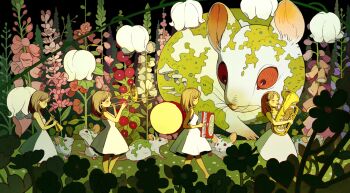 Rule 34 | 4girls, absurdres, accordion, brown hair, chaojufei, commentary, dress, flower, highres, holding, holding instrument, holding trombone, holding trumpet, instrument, moss, multiple girls, mushroom, music, original, pink flower, playing instrument, trombone, trumpet, tuba, white dress, white flower