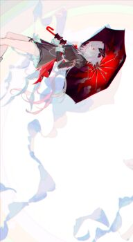 1girl absurdres black_dress black_gloves chikidoong dress evernight_(honkai:_star_rail) gloves hair_ribbon highres holding holding_umbrella honkai:_star_rail honkai_(series) long_sleeves march_7th_(honkai:_star_rail) red_umbrella ribbon short-dress umbrella white_background white_hair