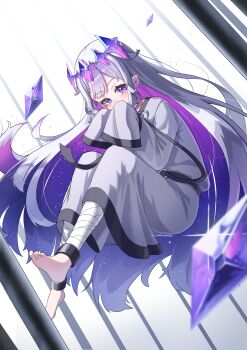 1girl absurdres bandaged_leg bandages barefoot colored_inner_hair gem gradient_hair highres hololive hololive_english koseki_bijou long_hair looking_at_viewer multicolored_hair purple_eyes purple_gemstone purple_hair sleeves_past_fingers sleeves_past_wrists solo straitjacket uminonin46978 virtual_youtuber