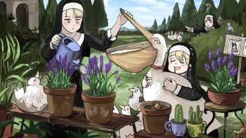 >_< 3girls ^_^ animal animal_on_head arch banana bandaid bandaid_on_hand bathing bird building bush cactus chili_pepper closed_eyes clumsy_nun_(diva) coffee_mug collar crack cup dirty diva_(hyxpk) dobermann dog drooling duck flower flower_pot food frog froggy_nun_(diva) fruit habit hiding highres hug leash little_nuns_(diva) mud mug multiple_girls nun object_on_head on_head original ostrich outdoors pelican pigeon pillar plant pointing pointing_at_another potted_plant purple_flower sculpture sign sky sleeves_rolled_up slice_of_life spicy_nun_(diva) spread_wings sticker table tape traditional_nun tree triangle_mouth wanted_poster watering watering_can