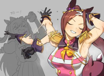 Rule 34 | > <, 3girls, adjusting hair, afterimage, agnes digital (umamusume), animal ears, armpits, arms up, asymmetrical gloves, bakushin o armpit gif (meme), bare arms, black gloves, blush, bow, breasts, brown hair, camera, closed eyes, epaulettes, flowerpigeon, gloves, gold hairband, grey background, greyscale, grin, hair bow, hairband, high ponytail, highres, holding, holding camera, horse ears, horse girl, medium breasts, meme, mismatched gloves, monochrome, multiple girls, naoya hitting choso without looking (meme), neckerchief, open mouth, partially colored, pink shirt, pleated skirt, ponytail, puffy short sleeves, puffy sleeves, sailor collar, sailor shirt, sakura bakushin o (blossom in learning) (umamusume), sakura bakushin o (umamusume), sakura chiyono o (umamusume), school uniform, shirt, short sleeves, skirt, sleeveless, sleeveless shirt, smile, steaming body, sweat, tracen school uniform, twintails, umamusume, white gloves, white shirt, yellow neckerchief