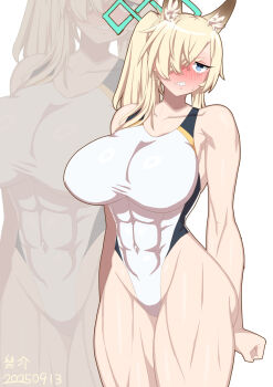 1girl abs animal_ear_fluff animal_ears blonde_hair blue_archive blue_eyes blue_halo blush breasts competition_swimsuit covered_navel dog_ears dog_girl extra_ears hair_over_one_eye halo highleg highleg_one-piece_swimsuit highres ikusuke kanna_(blue_archive) kanna_(swimsuit)_(blue_archive) large_breasts long_hair looking_at_viewer nose_blush notched_ear official_alternate_costume one-piece_swimsuit ponytail solo swimsuit white_one-piece_swimsuit zoom_layer