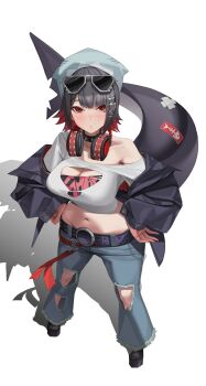 1girl :/ alternate_costume beanie black_hair black_jacket black_shoes black_tube_top blue_hat blue_pants breast_cutout breasts cleavage_cutout closed_mouth clothing_cutout collar collarbone colored_inner_hair commentary crop_top ellen_joe english_commentary eyewear_on_head fins fish_tail from_above full_body gong_dol_hong hands_on_own_hips hat headphones headphones_around_neck highres jacket jacket_partially_removed large_breasts legs_apart looking_at_viewer midriff multicolored_hair navel open_clothes pants razor_blade_hair_ornament red_eyes scar scar_on_tail shadow shark_girl shark_tail shirt shoes short_hair simple_background single_bare_shoulder solo spiked_collar spikes standing strapless sunglasses tail torn_clothes torn_pants tube_top white-framed_eyewear white_background white_shirt zenless_zone_zero
