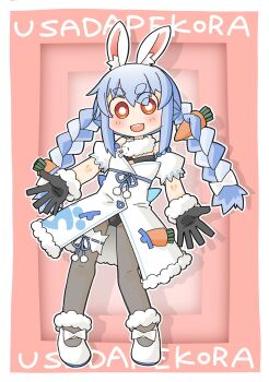 1girl :d and_takashi animal_ear_fluff animal_ears bare_shoulders black_gloves black_leotard blue_hair braid bright_pupils carrot carrot_hair_ornament carrot_in_pocket character_name chibi chibi_only commentary_request detached_sleeves don-chan_(usada_pekora) dress food-themed_hair_ornament full_body fur-trimmed_dress fur-trimmed_gloves fur_trim gloves hair_ornament highres hololive leg_ribbon leotard leotard_under_clothes long_hair multicolored_hair open_hands open_mouth orange_eyes pantyhose pink_background puffy_sleeves rabbit_ears ribbon shoes short_eyebrows smile solo thick_eyebrows thigh_ribbon twin_braids usada_pekora usada_pekora_(1st_costume) virtual_youtuber white_dress white_hair white_pupils white_shoes