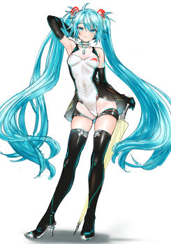 1girl aqua_eyes aqua_hair arm_up armpits bare_shoulders black_boots boots breasts choppy_bangs collarbone contrapposto detached_sleeves floating_hair full_body gluteal_fold goodsmile_company goodsmile_racing hatsune_miku high_heels highleg highleg_leotard highres holding holding_umbrella leotard long_hair looking_at_viewer racing_miku racing_miku_(2011) simple_background small_breasts solo thigh_boots twintails umbrella very_long_hair vocaloid white_background white_leotard yukihane_(snowowl515)