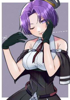 Rule 34 | 1girl, absurdres, alternate hair length, alternate hairstyle, black capelet, black dress, black gloves, border, breasts, capelet, commentary request, dress, gloves, hair intakes, halo, highres, kantai collection, mechanical halo, medium breasts, one eye closed, purple background, purple eyes, purple hair, short hair, sleeveless, sleeveless dress, solo, tatsuta (kancolle), tatsuta kai ni (kancolle), toriniku senshi chikinman, white border