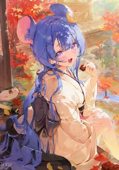 1girl absurdres animal_ear_fluff animal_ears autumn autumn_leaves bare_legs blue_hair blue_pupils blunt_bangs colored_inner_animal_ears dot_nose dotori_(seulseul) fang feet_out_of_frame folding_fan food from_behind hair_between_eyes hair_ornament hand_fan hand_on_own_thigh hedgehog highres holding holding_food japanese_clothes leaf light_blush long_hair looking_at_viewer looking_back mouse_ears mouse_girl nature original pink_eyes river rock sitting smile solo tree x_hair_ornament