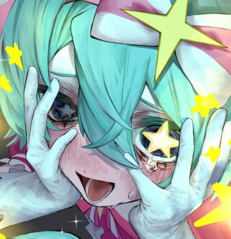1girl aqua_hair buzz_nou close-up crying crying_with_eyes_open fisheye gloves hair_between_eyes hairband hatsune_miku highres ima_sugu_rinne_(vocaloid) looking_at_viewer magical_girl open_mouth pink_hairband solo star-shaped_pupils star_(symbol) symbol-shaped_pupils tears vocaloid white_gloves