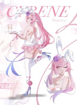 Rule 34 | 1girl, ;o, alternate costume, animal ears, aqua hair, arinyawa, ass, breasts, champagne flute, character name, cleavage, commentary, cup, cyrene (demiurge) (honkai: star rail), cyrene (honkai: star rail), diamond-shaped pupils, diamond (shape), drinking glass, fake animal ears, fake tail, flower, hair flower, hair ornament, high heels, highres, holding, holding plate, honkai: star rail, honkai (series), large breasts, leotard, long hair, multicolored hair, multiple views, one eye closed, pink hair, plate, playboy bunny, pointy ears, purple eyes, rabbit ears, rabbit tail, symbol-shaped pupils, tail, thighhighs, thighs, two-tone hair, very long hair, white leotard, white thighhighs, zettai ryouiki
