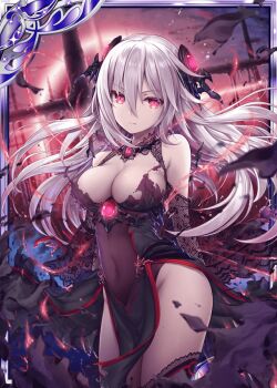 1girl akkijin aura black_dress breasts calamity_(shinkai_no_valkyrie) card_(medium) dress hair_ornament hell large_breasts leotard long_hair looking_at_viewer official_art red_eyes serious shinkai_no_valkyrie silver_hair thighhighs torn_clothes