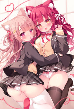 Rule 34 | 2girls, :d, absurdres, animal ear fluff, animal ears, ass, black jacket, black thighhighs, blunt bangs, blush, bow, bow panties, bowtie, brown hair, cameltoe, cardigan, cat ears, cat girl, closed mouth, commentary request, cowboy shot, fang, hair bow, hand up, heart, heart of string, highres, jacket, kirimiya tsurugi, layered sleeves, long hair, long sleeves, looking at viewer, miniskirt, multiple girls, one side up, open clothes, open jacket, open mouth, original, panties, parted bangs, plaid clothes, plaid skirt, pleated skirt, red bow, red bowtie, red eyes, red hair, shoes, skindentation, skirt, smile, thighhighs, underwear, uwabaki, white bow, white panties, white shoes, white thighhighs, yellow cardigan, yellow eyes