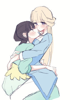 Rule 34 | 2girls, blonde hair, blue dress, blue eyes, blue jacket, brown hair, commentary request, dress, half updo, hand on another's waist, highres, jacket, long hair, multiple girls, necklace in mouth, nekoyashiki mayu, nekoyashiki yuki, precure, rita (myyk rrnyam), shirt, side ponytail, simple background, sitting, sitting on lap, sitting on person, white background, wonderful precure!, yellow shirt, yuri