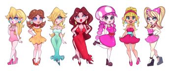 Rule 34 | 6+girls, alternate costume, blonde hair, blue eyes, breasts, brown hair, dixie kong, donkey kong (series), dress, earrings, flipped hair, gloves, highres, humanization, jewelry, looking at viewer, mario (series), multiple girls, nintendo, open mouth, pauline (mario), princess daisy, princess peach, puffy sleeves, raven (04070714), rosalina, short sleeves, simple background, smile, strapless, toadette, wendy o. koopa