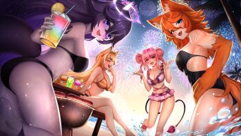 4girls ahoge animal_ears beach bikini black_bikini black_one-piece_swimsuit blonde_hair blue_eyes breasts buffpup_(vtuber) cat_ears cleavage closed_mouth colored_skin demon_girl demon_horns demon_tail double_bun ebiko_(vtuber) eyewear_on_head facial_mark fangs fins fireworks fish_tail frilled_bikini frills hair_between_eyes hair_bun hair_intakes halo halo_around_horn heart heart_ahoge highres horns indie_virtual_youtuber ironmouse large_breasts laughing long_hair looking_at_viewer mark_under_both_eyes megalodon_(vtuber) multicolored_hair multiple_girls muscular muscular_female one-piece_swimsuit open_mouth orange_bikini orange_fur orange_hair pink-tinted_eyewear pink_bikini pink_hair purple_eyes purple_hair purple_halo purple_skin scar scar_on_arm shark_girl shark_tail shinraizuku short_twintails shrimp_girl shrimp_hair_ornament shrimp_tail sitting standing standing_on_one_leg streaked_hair striped_bikini striped_clothes swimsuit tail teeth thighs tinted_eyewear twintails vchiban virtual_youtuber water wolf_ears wolf_girl wolf_paws wolf_tail