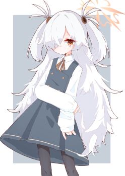 Rule 34 | 1girl, absurdres, bags under eyes, black pantyhose, blue archive, blue dress, border, brown ribbon, closed mouth, collared shirt, dress, grey background, grey hair, hair over one eye, halo, highres, kanoe (blue archive), long hair, long sleeves, looking at viewer, neck ribbon, orange eyes, orange halo, outside border, pantyhose, pinafore dress, protected link, puffy long sleeves, puffy sleeves, rano u rabe, ribbon, scar, scar on neck, shirt, simple background, sleeveless, sleeveless dress, solo, two side up, very long hair, white border, white shirt