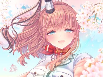 Rule 34 | 1girl, black hair, blue eyes, blush, breast pocket, breasts, brown hair, cherry blossoms, commentary request, day, dress, eyelashes, flower, hair between eyes, highres, kantai collection, long hair, looking at viewer, multicolored hair, nagi kantai114, open mouth, outdoors, petals, pink flower, pocket, ponytail, reaching, reaching towards viewer, saratoga (kancolle), short sleeves, smokestack hair ornament, solo, upper body, white dress