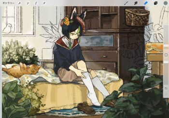 1boy animal_ear_fluff animal_ears art_program_in_frame art_program_request bird black_hair blue_jacket brown_shoes brown_shorts cat collared_shirt commentary_request double-parted_bangs dressing fox_ears genshin_impact green_eyes green_hair green_necktie hair_between_eyes highres hishida_(koko_escape) indoors jacket kneehighs leaf loafers looking_down male_focus multicolored_hair necktie on_bed plant potted_plant shirt shoes shorts sitting socks solo streaked_hair tighnari_(genshin_impact) unfinished white_shirt white_socks