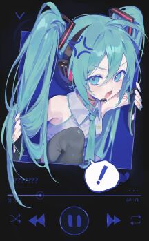 ! 1girl absurdres anger_vein aqua_eyes aqua_hair aqua_nails aqua_necktie arm_tattoo breasts collared_shirt detached_sleeves grey_shirt hair_between_eyes hair_ornament hatsune_miku headset highres lerudel long_hair long_sleeves medium_breasts necktie number_tattoo open_mouth shirt sleeveless sleeveless_shirt solo speech_bubble tattoo twintails very_long_hair vocaloid