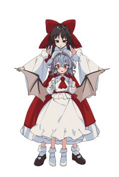 2girls ascot bat_wings black_shoes blue_hair blush bow brown_eyes brown_hair collared_shirt commentary_request frilled_shirt_collar frills full_body hair_bow hair_tubes hakurei_reimu hat highres hua88331 long_hair long_sleeves mary_janes mob_cap multiple_girls red_ascot red_bow red_eyes red_skirt remilia_scarlet shirt shoes simple_background skirt skirt_set socks sweatdrop touhou white_background white_shirt white_shoes white_skirt white_socks wings