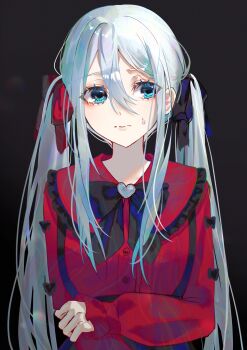 Rule 34 | 1girl, absurdres, alternate costume, aqua eyes, black background, black bow, black ribbon, bow, commentary, dress, embarrassed, frilled dress, frilled sleeves, frills, grey hair, hair between eyes, hair ribbon, highres, jirai kei, long hair, long sleeves, looking at viewer, project sekai, rayla (rayla illust), red dress, red ribbon, red shirt, ribbon, shirt, sidelocks, simple background, sleeves past wrists, solo, sweatdrop, swept bangs, twintails, upper body, yoisaki kanade