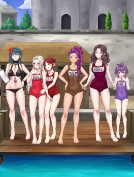 6+girls absurdres alternate_costume arm_on_another&#039;s_shoulder bernadetta_von_varley bikini black_bikini braid breasts brown_hair brown_one-piece_swimsuit cleavage closed_mouth dorothea_arnault earrings edelgard_von_hresvelg female_byleth_(fire_emblem) female_byleth_(summer)_(fire_emblem) fire_emblem fire_emblem:_three_houses fire_emblem_heroes flower gluteal_fold green_eyes green_hair hair_bun hair_flower hair_ornament hand_on_another&#039;s_hip hands_on_own_chest hands_on_own_hips highres holding_binder jewelry large_breasts long_hair looking_at_another looking_at_viewer looking_down looking_to_the_side matching_outfits medium_breasts monica_von_ochs multiple_girls name_tag nintendo official_alternate_costume old_school_swimsuit one-piece_swimsuit open_mouth outdoors petra_macneary ponytail pool poolside purple_eyes purple_hair purple_one-piece_swimsuit red_eyes red_hair red_one-piece_swimsuit redkite333 school_swimsuit short_hair sideboob small_breasts smile stretching swimsuit very_long_hair white_hair