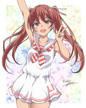 1girl artist_name bare_shoulders blush breasts brown_eyes brown_hair clover_background cowboy_shot dark-skinned_female dark_skin dated dress gakky highres kantai_collection libeccio_(kancolle) long_hair looking_at_viewer no_headwear open_mouth ribbon sailor_dress sleeveless sleeveless_dress smile solo twintails v