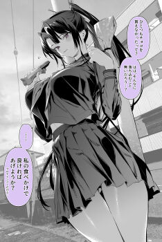 1girl absurdres breasts cowboy_shot greyscale hair_ornament hair_ribbon highres hiiragi_yuuichi holding large_breasts long_hair long_sleeves looking_at_viewer monochrome original outdoors paid_reward_available parted_lips pleated_skirt ponytail purple_eyes ribbon school_uniform skirt solo thighs translation_request
