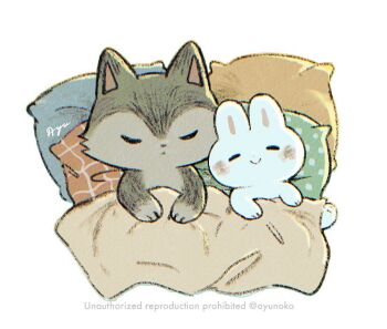 Rule 34 | animal, animal focus, ayu (mog), blanket, closed eyes, closed mouth, commentary, commentary request, english commentary, lying, mixed-language commentary, no humans, on back, original, pillow, rabbit, romaji commentary, signature, simple background, smile, twitter username, under covers, watermark, white background, wolf