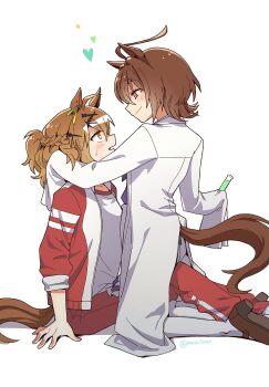 2girls agnes_tachyon_(umamusume) animal_ears arm_support artist_name blush braid bright_pupils brown_hair brown_shoes closed_mouth coat commentary_request dated_commentary eye_contact gym_shirt hair_ornament half_up_braid heart highres holding holding_test_tube horse_ears horse_girl horse_tail jacket jungle_pocket_(umamusume) kneeling long_bangs long_sleeves looking_at_another mazu1kan multiple_girls open_clothes open_jacket pants pantyhose red_eyes red_jacket red_pants shirt shoes short_hair simple_background sitting sleeves_past_fingers sleeves_past_wrists smile sweat tail test_tube track_jacket track_pants umamusume very_long_sleeves white_background white_coat white_pantyhose white_pupils white_shirt yellow_eyes yuri