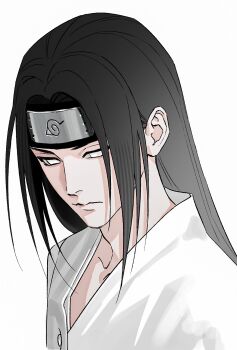 Rule 34 | 1boy, black headband, byakugan, commentary request, forehead protector, headband, highres, hyuuga neji, japanese clothes, konohagakure symbol, korean commentary, long hair, m0 mo momo, male focus, naruto (series), naruto shippuuden, solo, upper body, white eyes